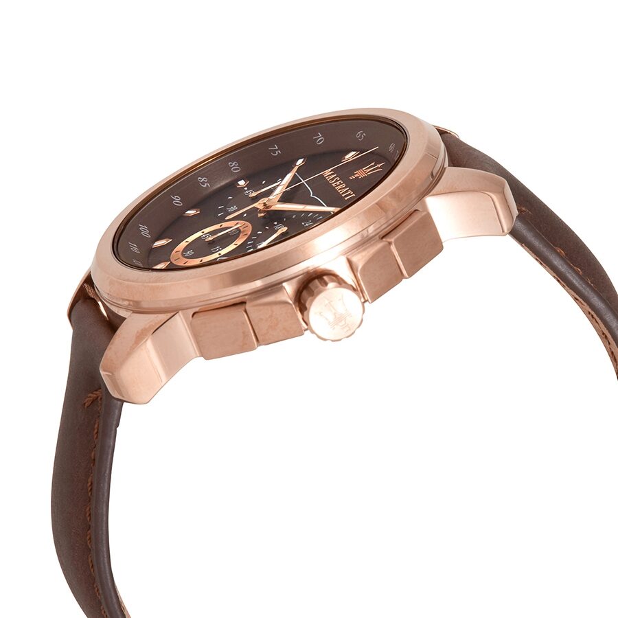 Side view of Maserati Successo chronograph with rose gold case and brown leather strap