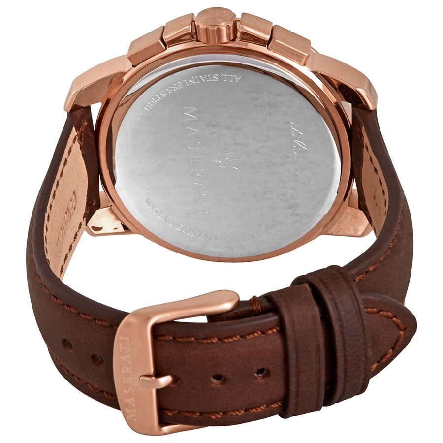 Caseback view of Maserati Successo chronograph showing engraved stainless steel