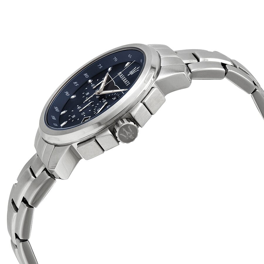 Maserati Successo chronograph watch side view showing steel case and bracelet profile