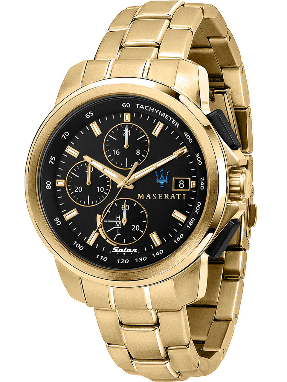 Maserati Successo gold chronograph watch with black dial and gold bracelet