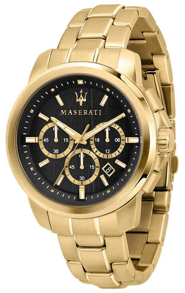 Maserati Successo chronograph watch with gold case, black dial, and three subdials