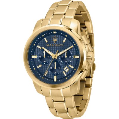Maserati Successo chronograph watch with black dial and gold-tone stainless steel bracelet