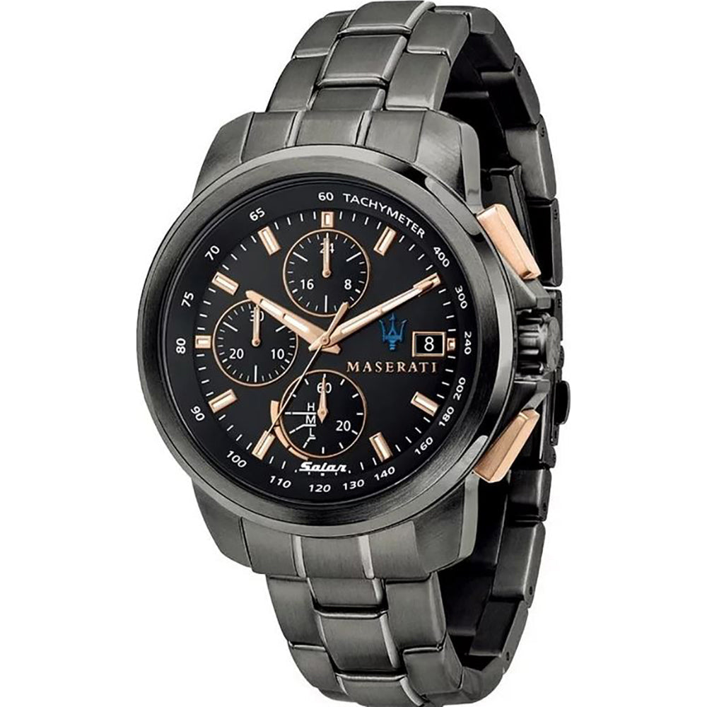 Maserati Successo charcoal chronograph watch with black dial and rose gold pushers
