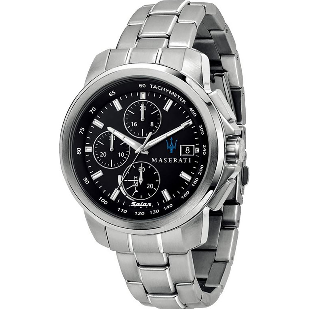 Maserati Successo silver chronograph with black dial and three subdials
