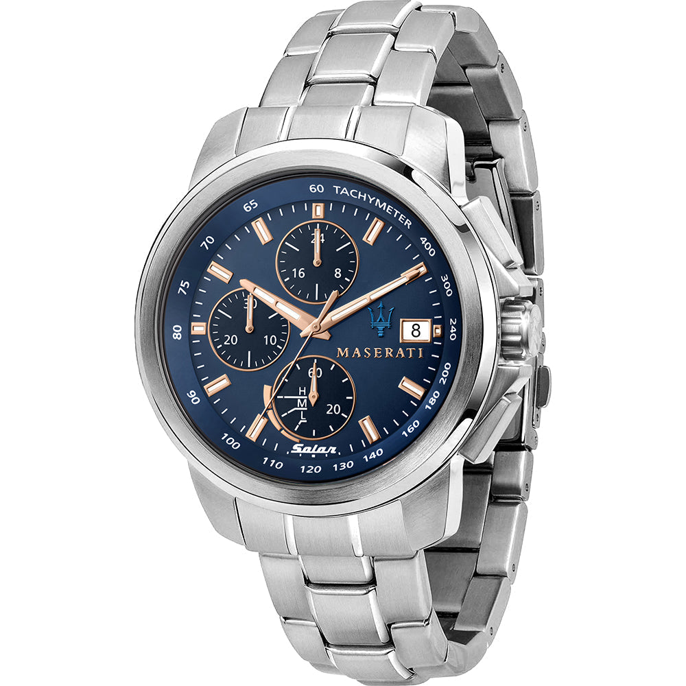 Maserati Successo silver chronograph watch with blue dial and rose gold accents