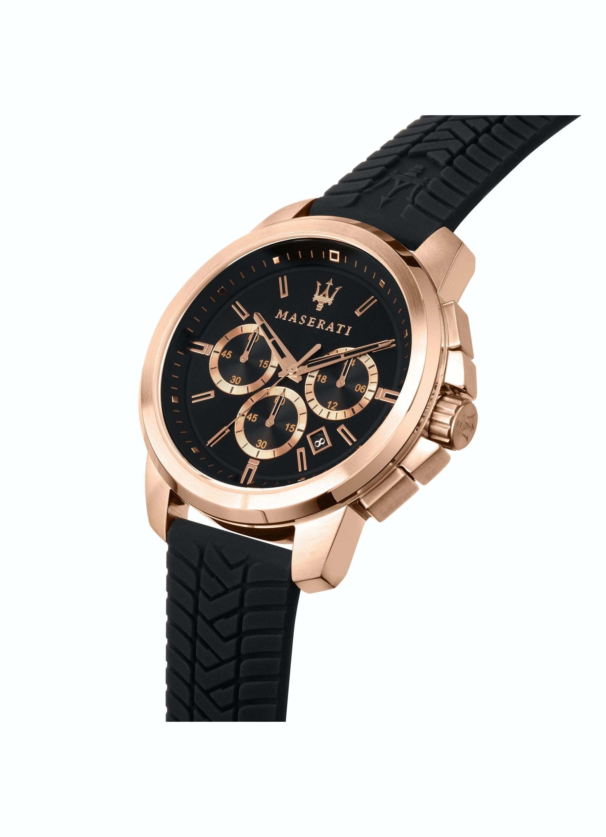 Maserati Successo chronograph watch at angle, rose gold and black