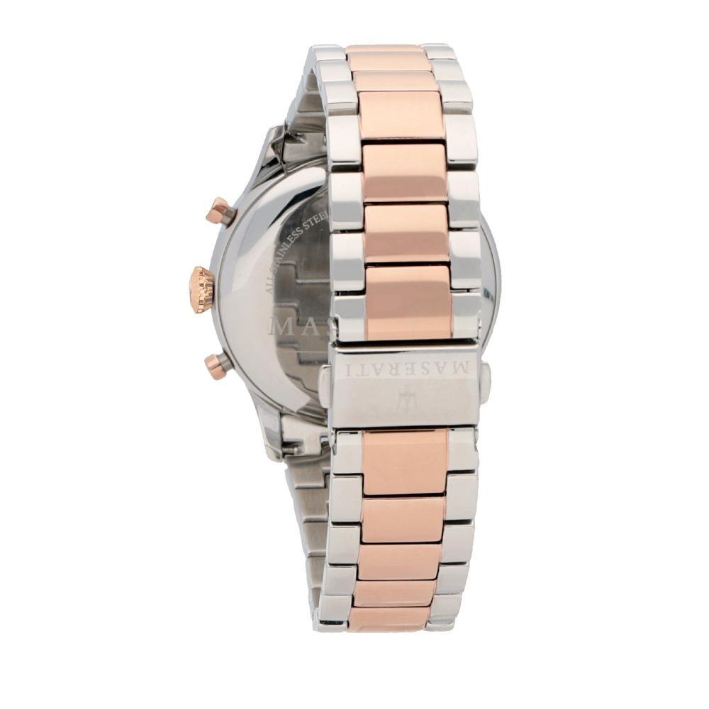 Side profile of Maserati Tradizione showing two-tone rose gold and silver stainless steel bracelet