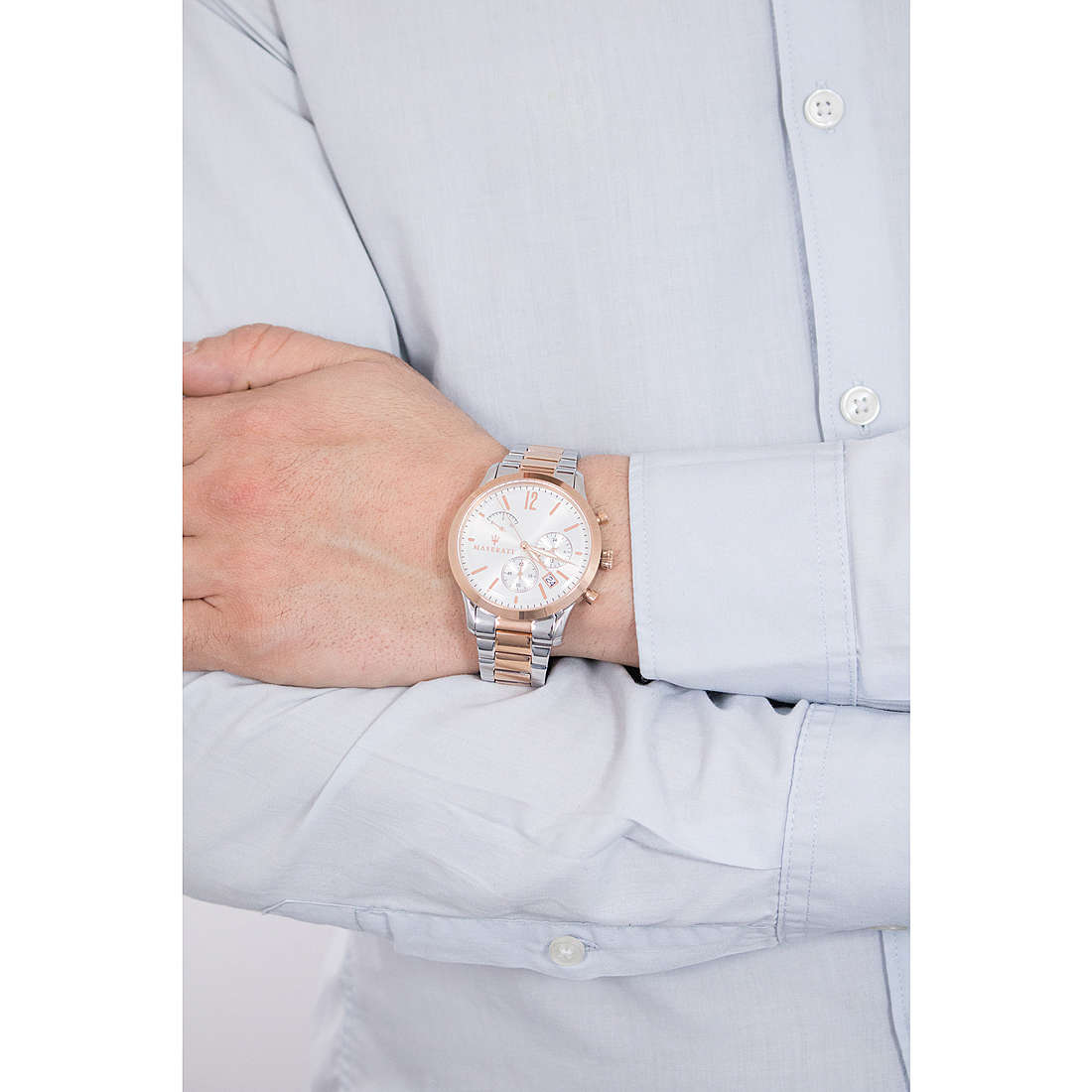 Maserati Tradizione chronograph worn on wrist with silver dial and two-tone bracelet