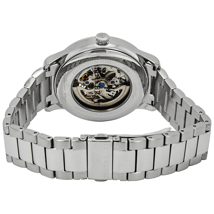 Maserati Tradizione skeleton caseback displaying automatic movement through transparent exhibition case