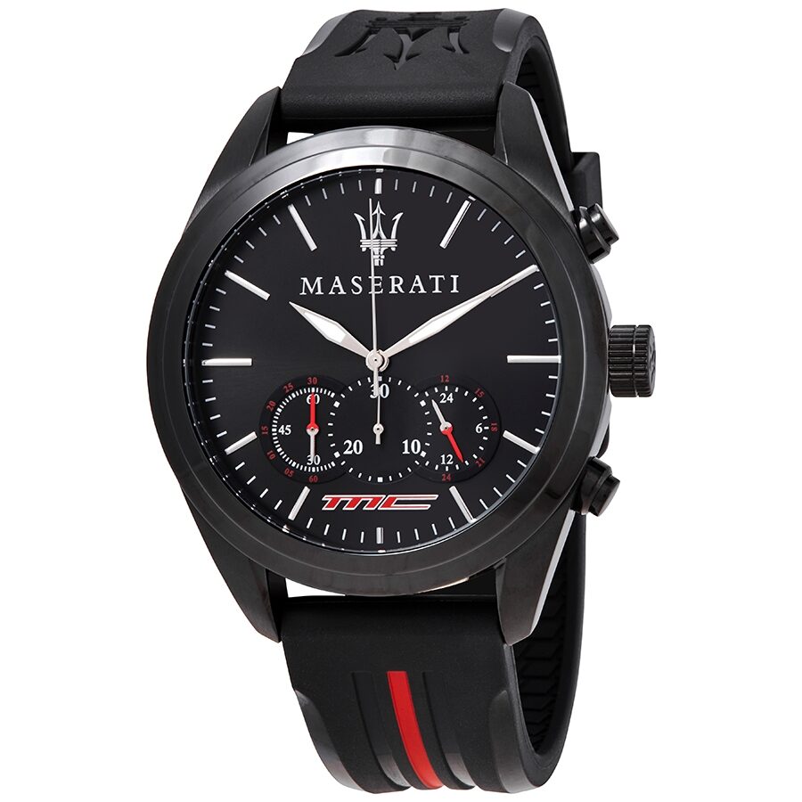Maserati Traguardo chronograph watch with black dial, white hands, red subdials, and black rubber strap with red stripe
