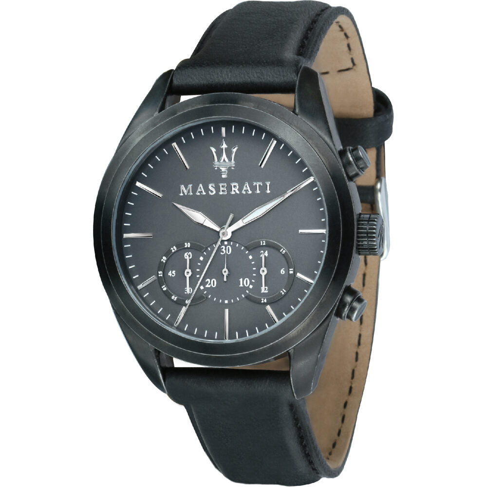 Maserati Traguardo chronograph watch with grey dial and black leather strap