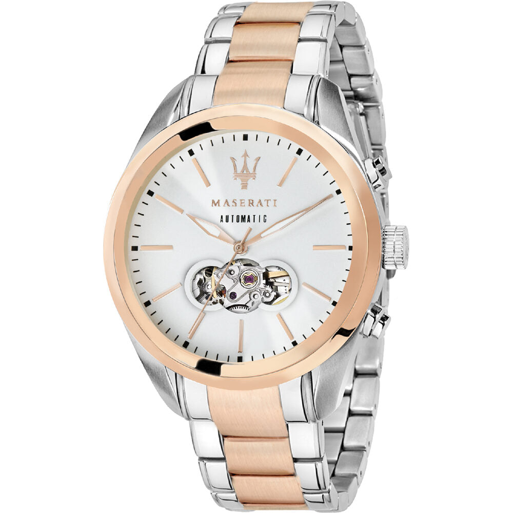 Maserati Traguardo automatic men's watch with silver dial, two-tone rose gold and steel bracelet, and open heart display