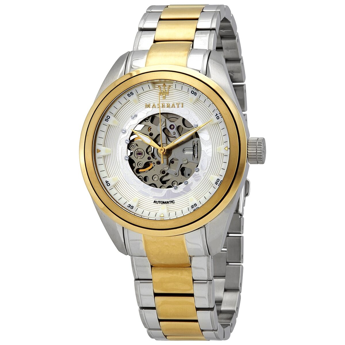 Maserati Traguardo automatic watch with white skeleton dial, two-tone steel and gold bracelet