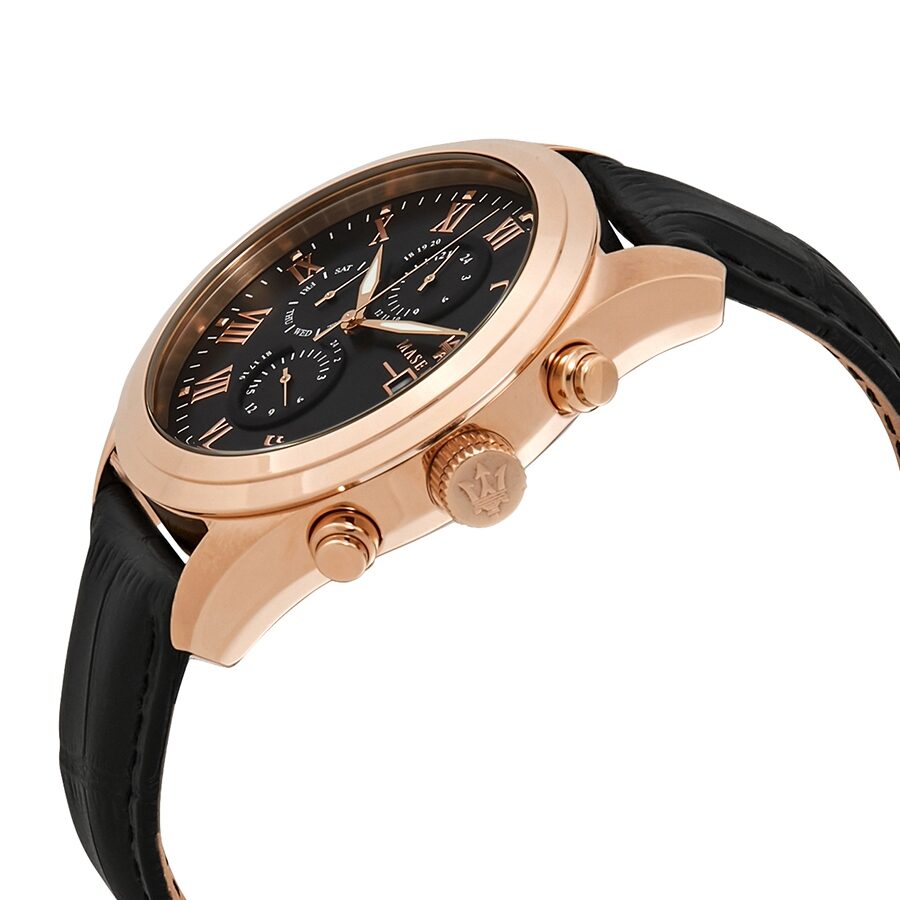 Maserati Traguardo chronograph watch side view showing rose gold case and black strap