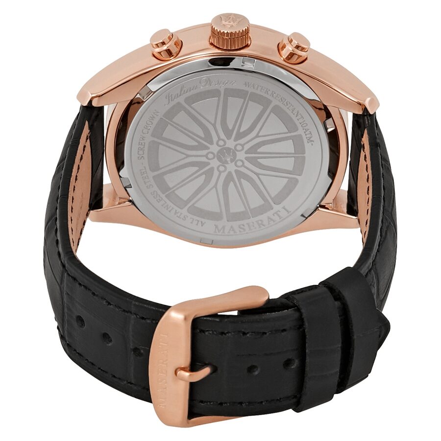 Maserati Traguardo watch caseback showing transparent sapphire crystal and wheel detail