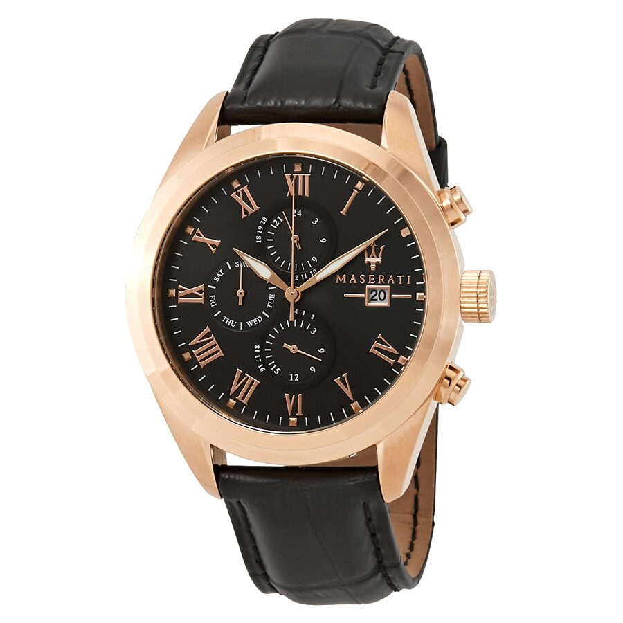Maserati Traguardo rose gold chronograph watch with black dial and leather strap