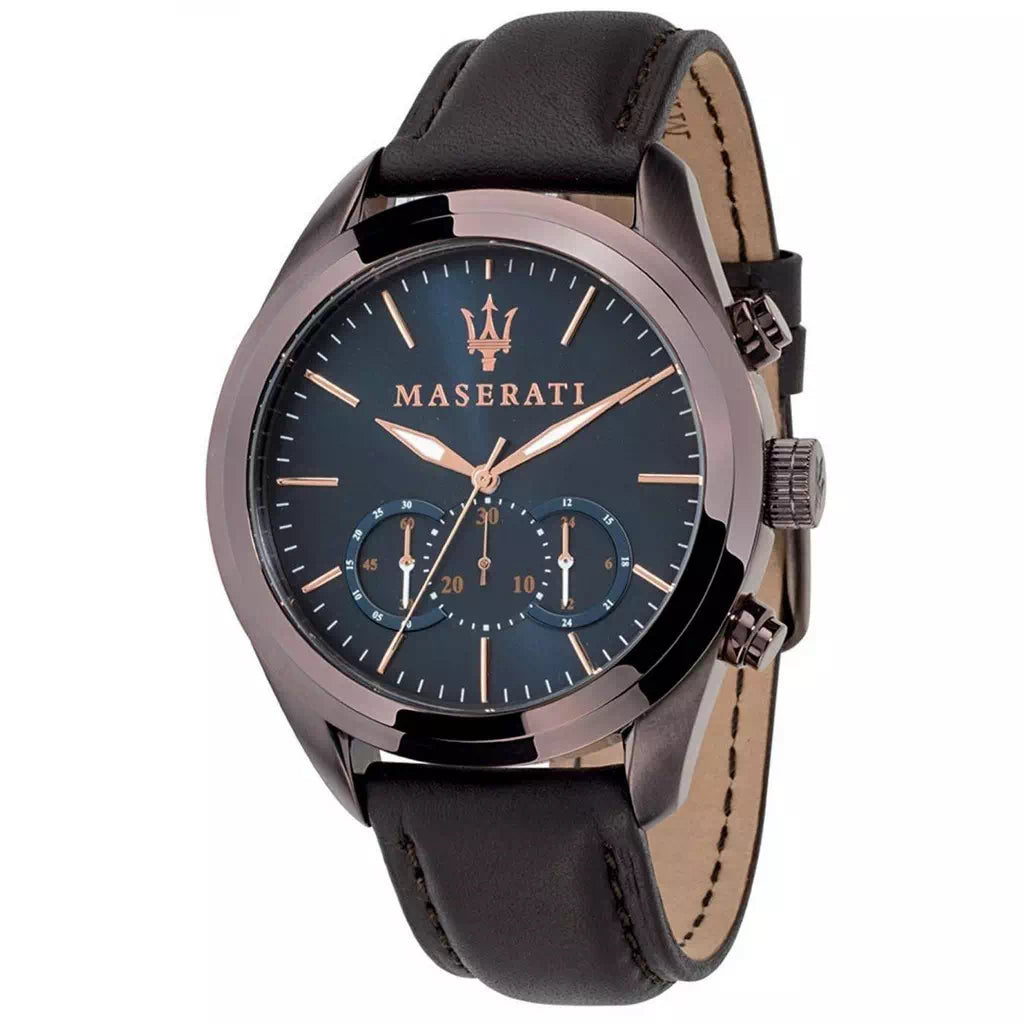 Maserati Traguardo chronograph men's watch with blue dial and black leather strap
