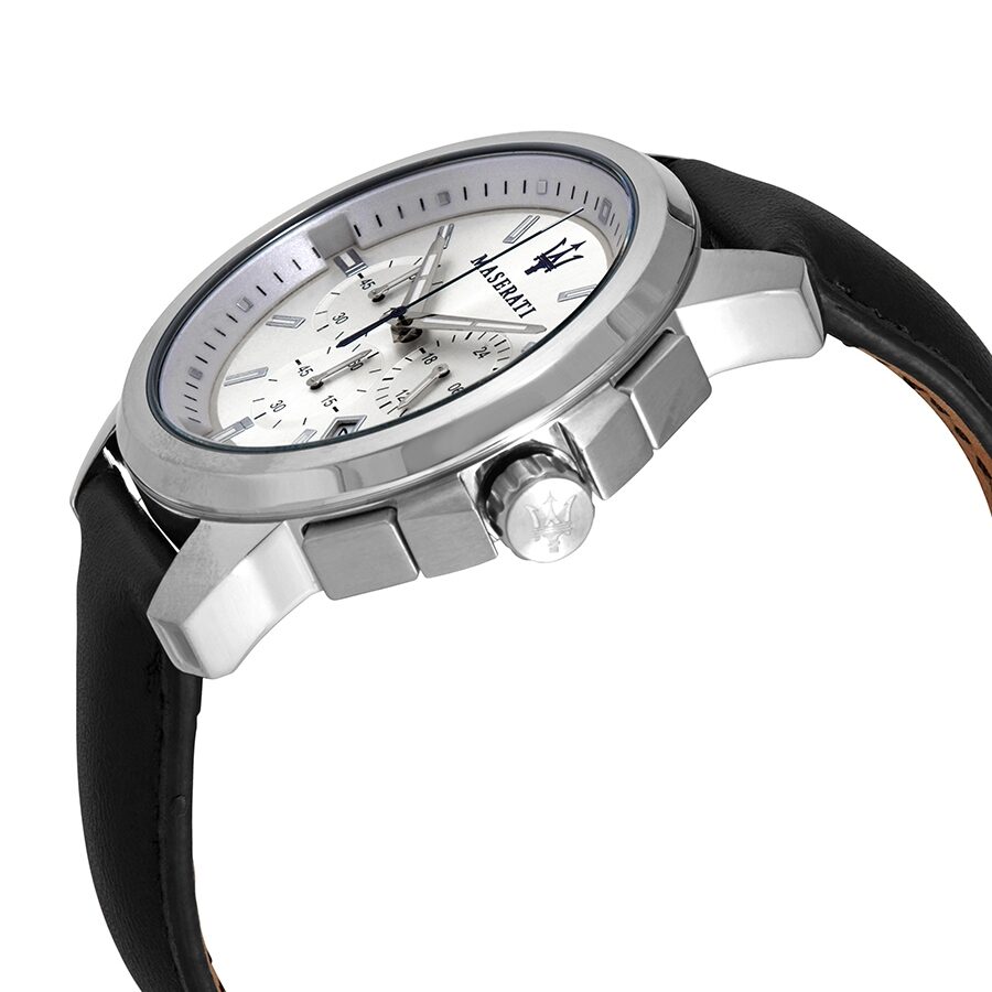 Maserati Traguardo chronograph watch angled side view showing brushed steel case and pushers