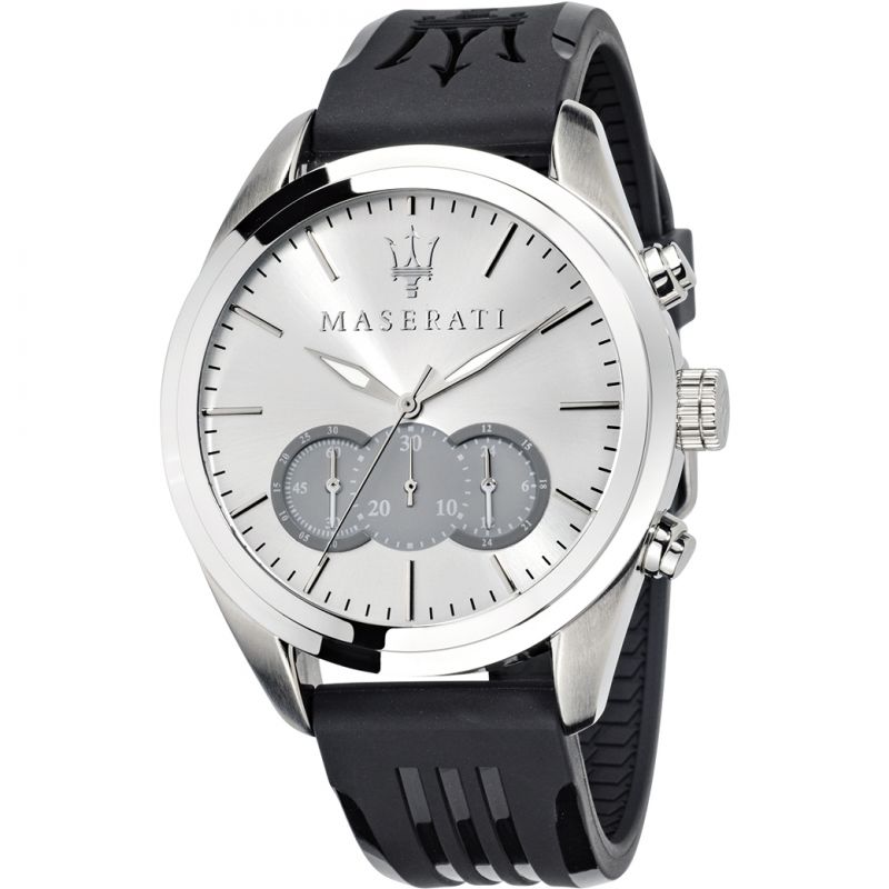 Maserati Traguardo chronograph watch with silver dial, grey subdials, stainless steel case and black strap
