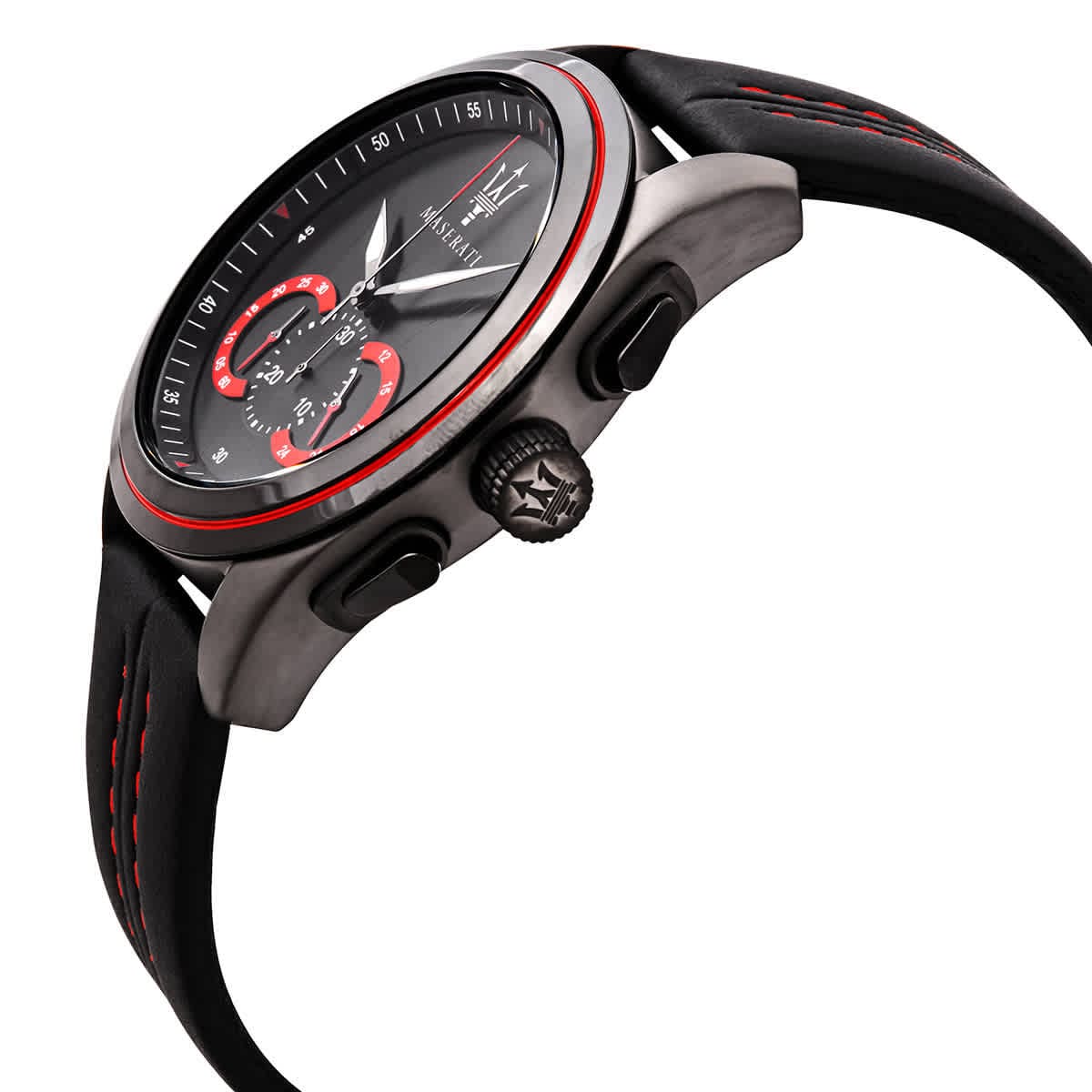 Maserati Traguardo side angle view showing case profile and red leather strap detail