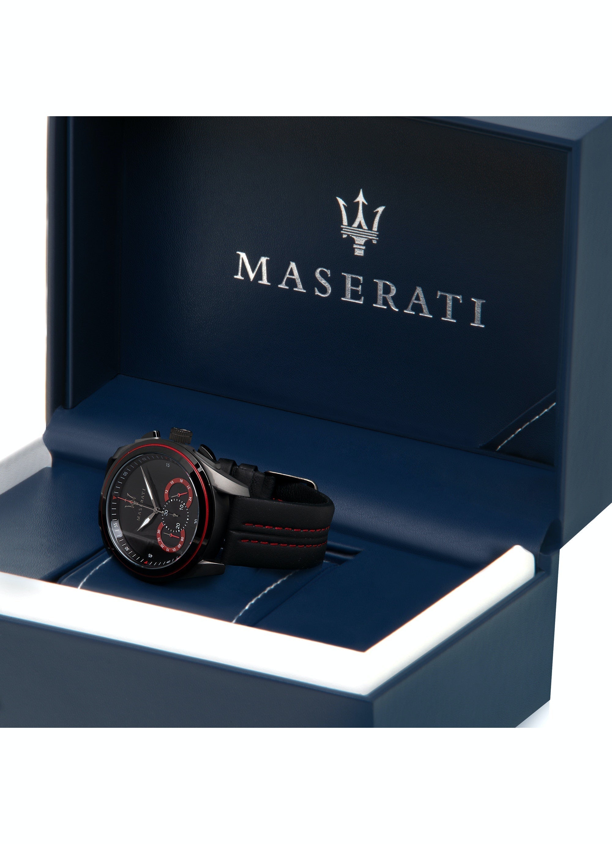 Maserati Traguardo watch displayed in open navy blue branded gift box