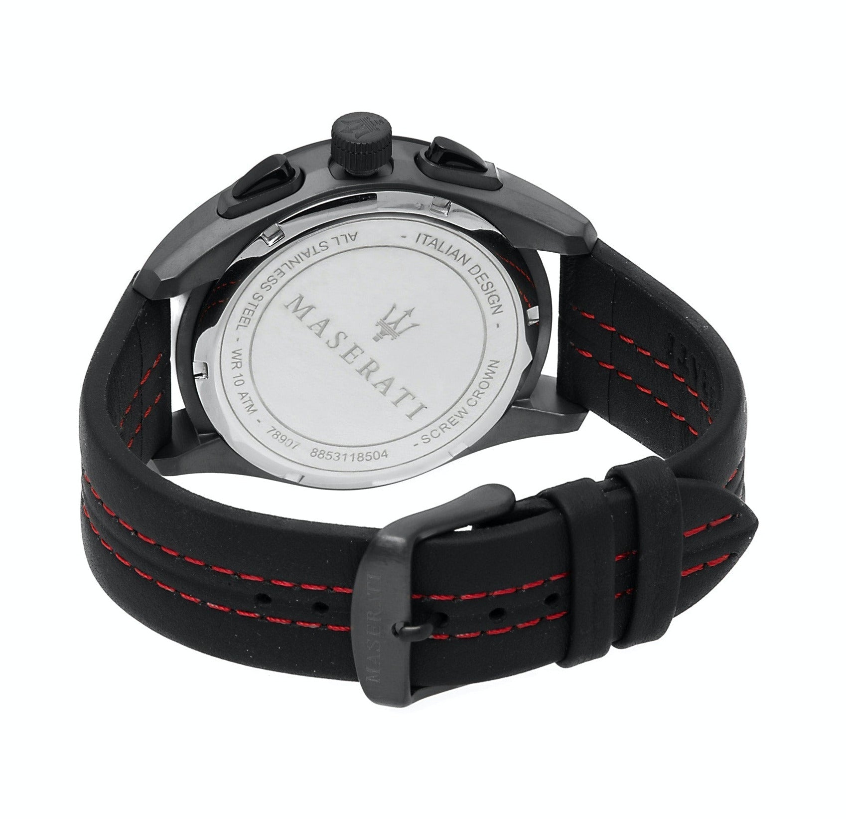 Maserati Traguardo caseback with brand logo and engraved details on steel back