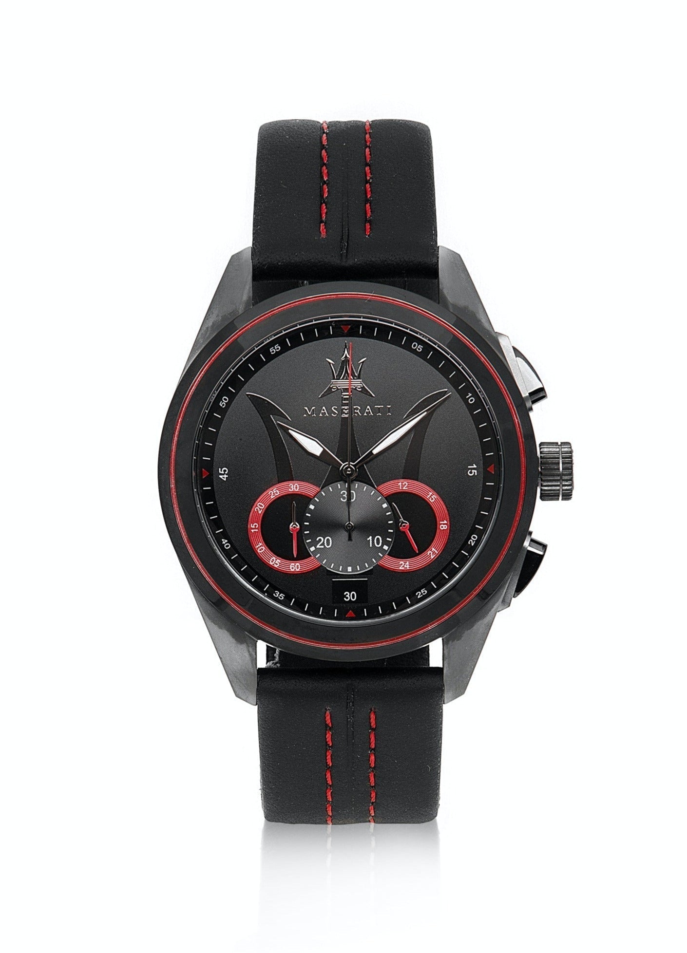 Maserati Traguardo chronograph front view with black dial and red chronograph counters