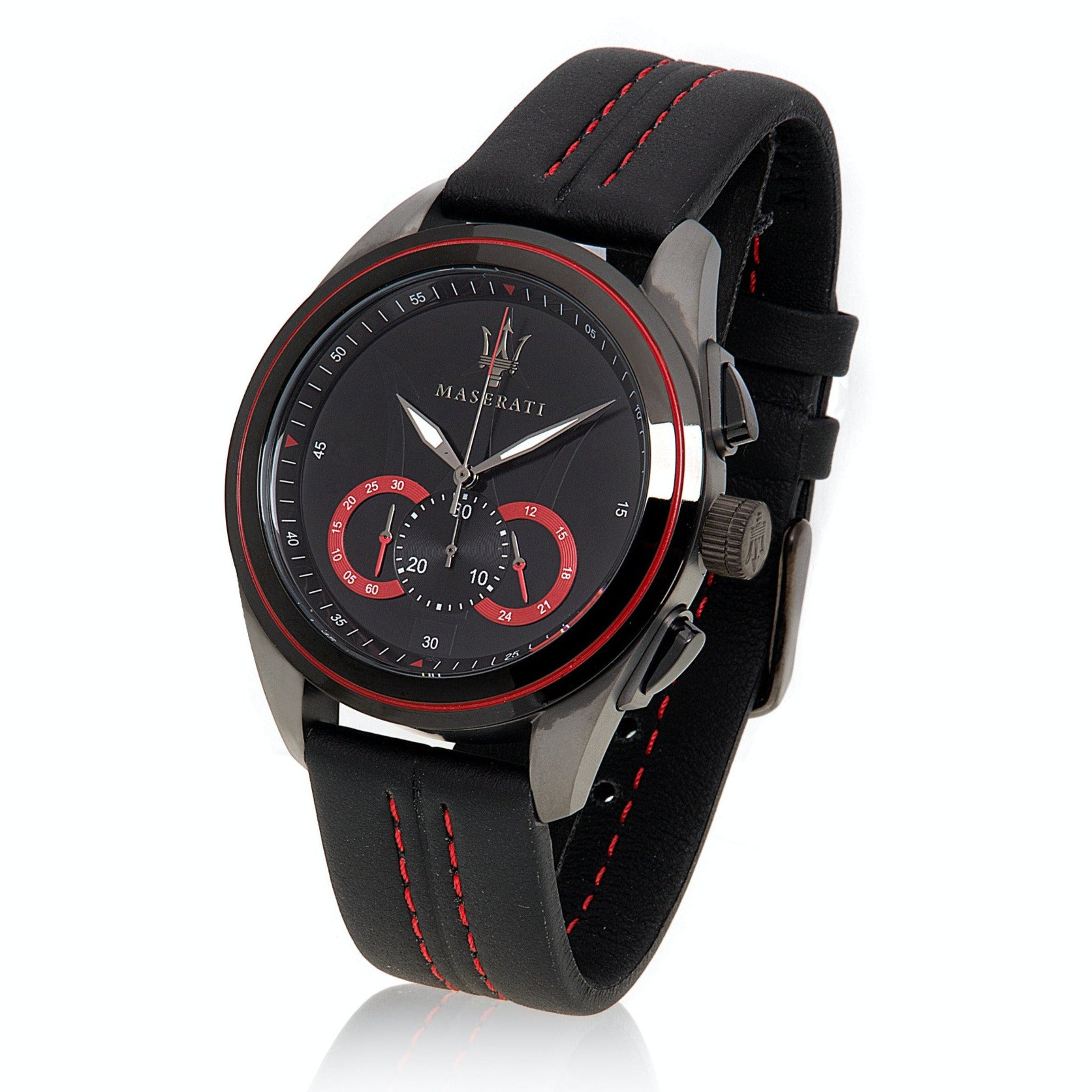 Maserati Traguardo men's chronograph with red accents on black dial and black leather strap