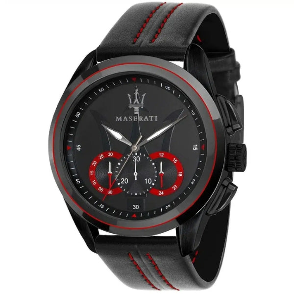 Maserati Traguardo chronograph with black dial and red chronograph subdials on leather strap