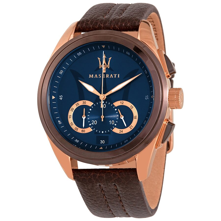Maserati Traguardo chronograph watch with blue dial, rose gold case, and brown leather strap