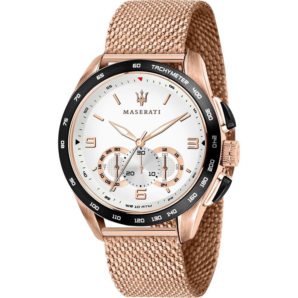 Maserati Traguardo chronograph watch with white dial, rose gold case and mesh strap