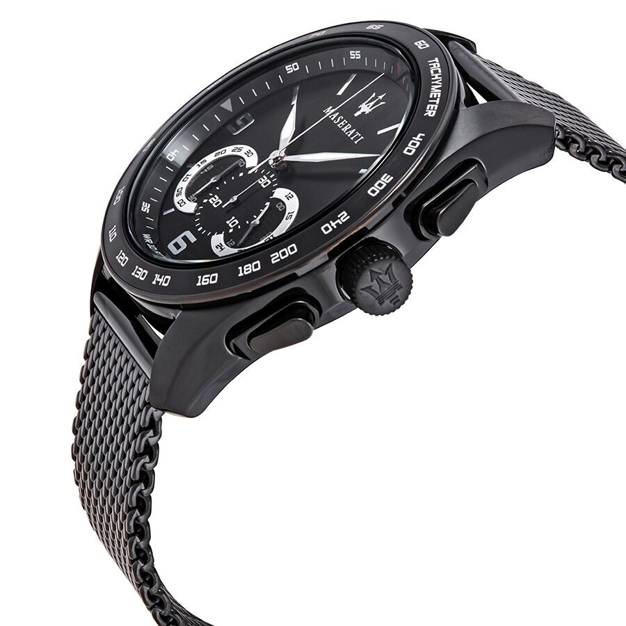 Maserati Traguardo chronograph watch at angle showing dial and side profile