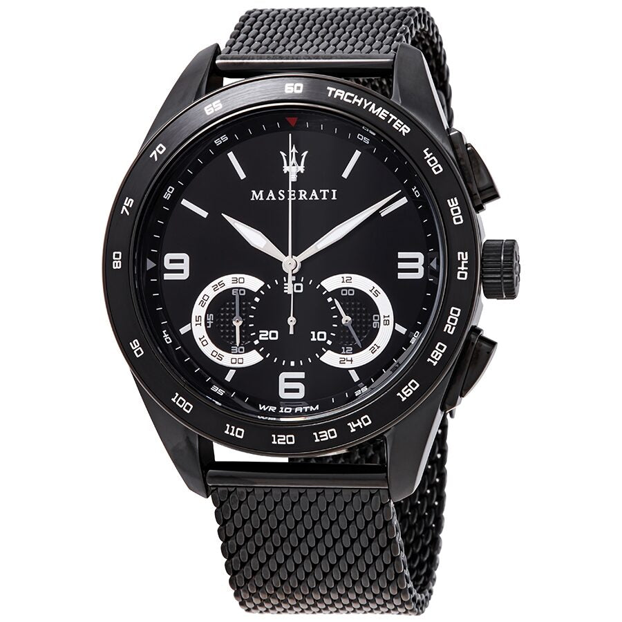 Maserati Traguardo chronograph men's watch with black dial and mesh strap
