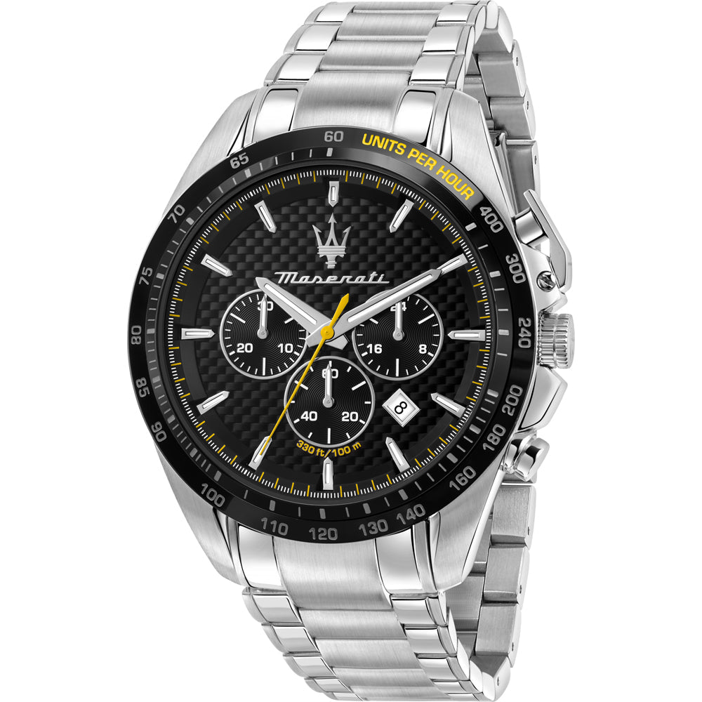 Maserati Traguardo silver chronograph watch with black dial, yellow accents, and stainless steel bracelet