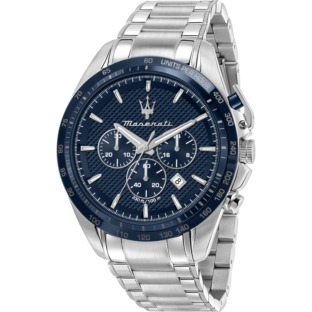 Maserati Traguardo blue dial chronograph watch with stainless steel case and bracelet