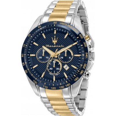 Maserati Traguardo blue dial chronograph with two-tone steel and gold bracelet