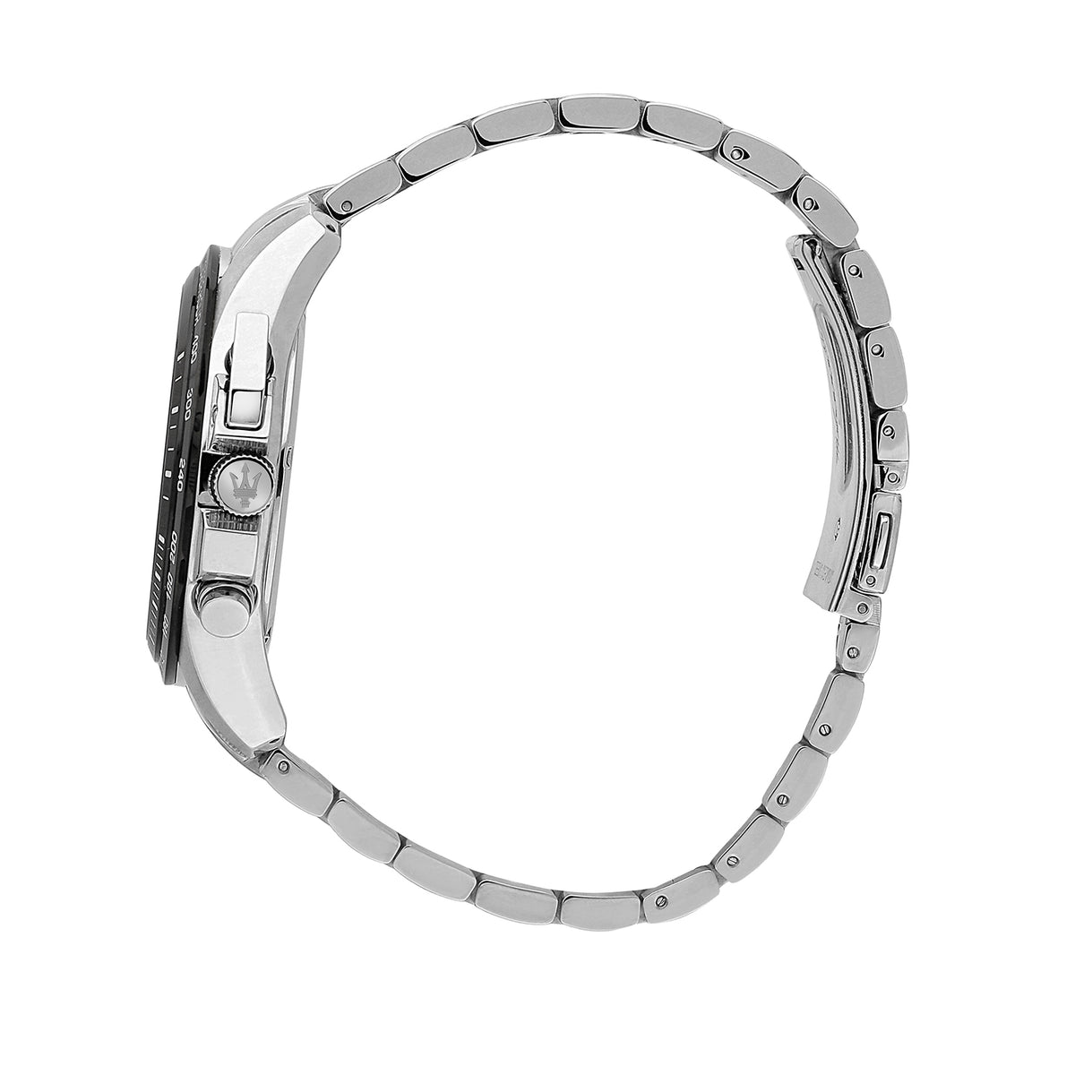 Side view of Maserati Traguardo watch showing silver metal bracelet links and pushers