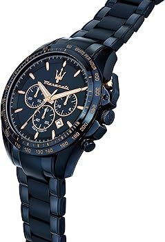 Maserati Traguardo navy blue chronograph watch shown at side angle with steel bracelet