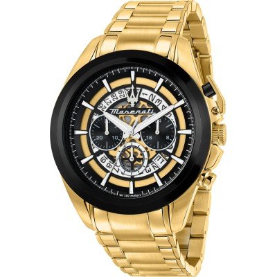 Maserati Traguardo chronograph with black skeleton dial and gold stainless steel bracelet