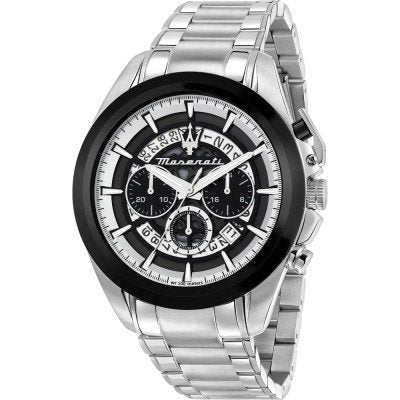 Maserati Traguardo chronograph watch with black dial and silver stainless steel bracelet