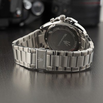 Maserati Traguardo chronograph watch side view displaying silver stainless steel bracelet