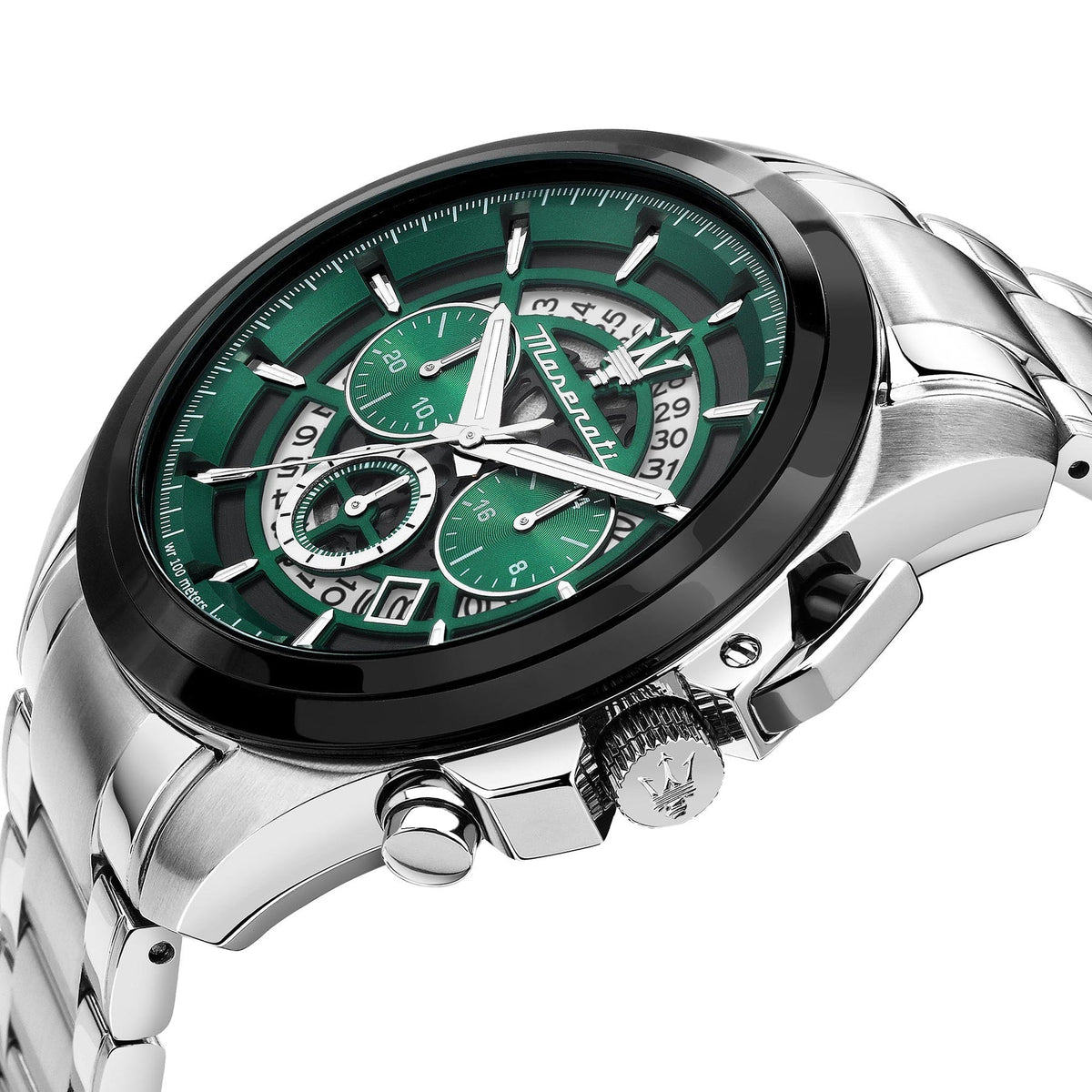 Maserati Traguardo chronograph showcasing green dial with subdials and silver bracelet from angled view