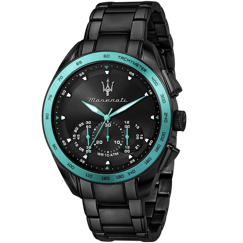 Maserati Traguardo men's watch with black dial, turquoise tachymeter bezel, and black metal bracelet