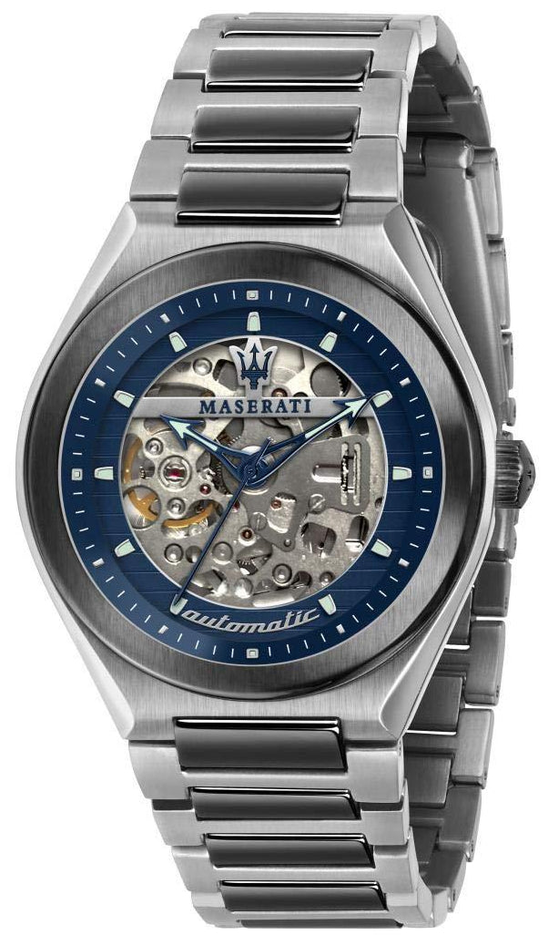 Maserati Triconic gunmetal men's watch with blue skeleton dial and matching bracelet