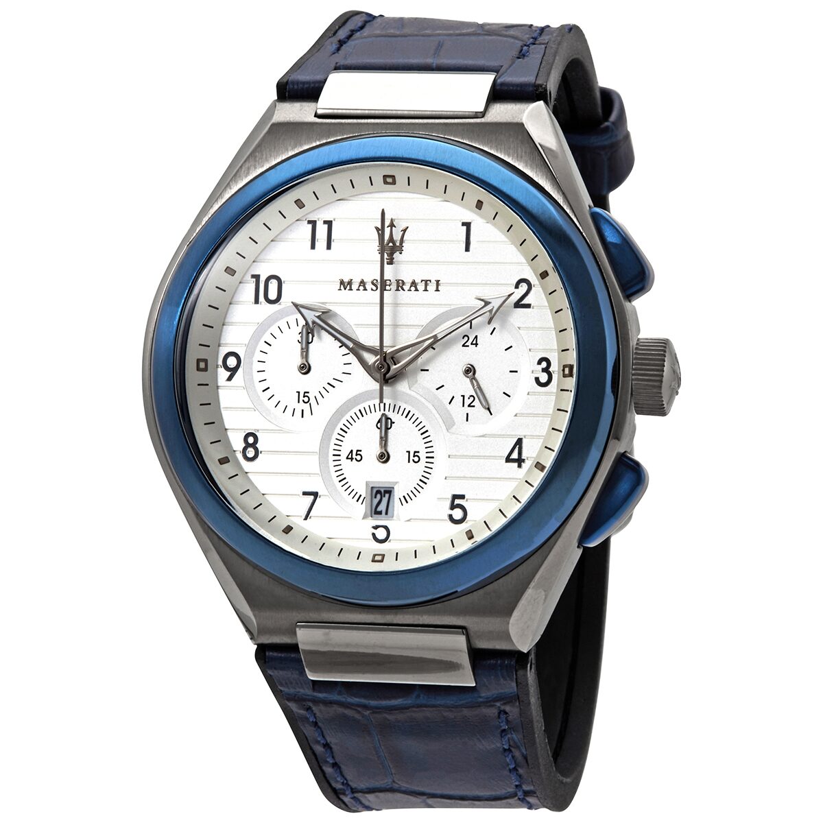 Maserati Triconic chronograph watch with white dial, blue bezel, and dark blue leather strap