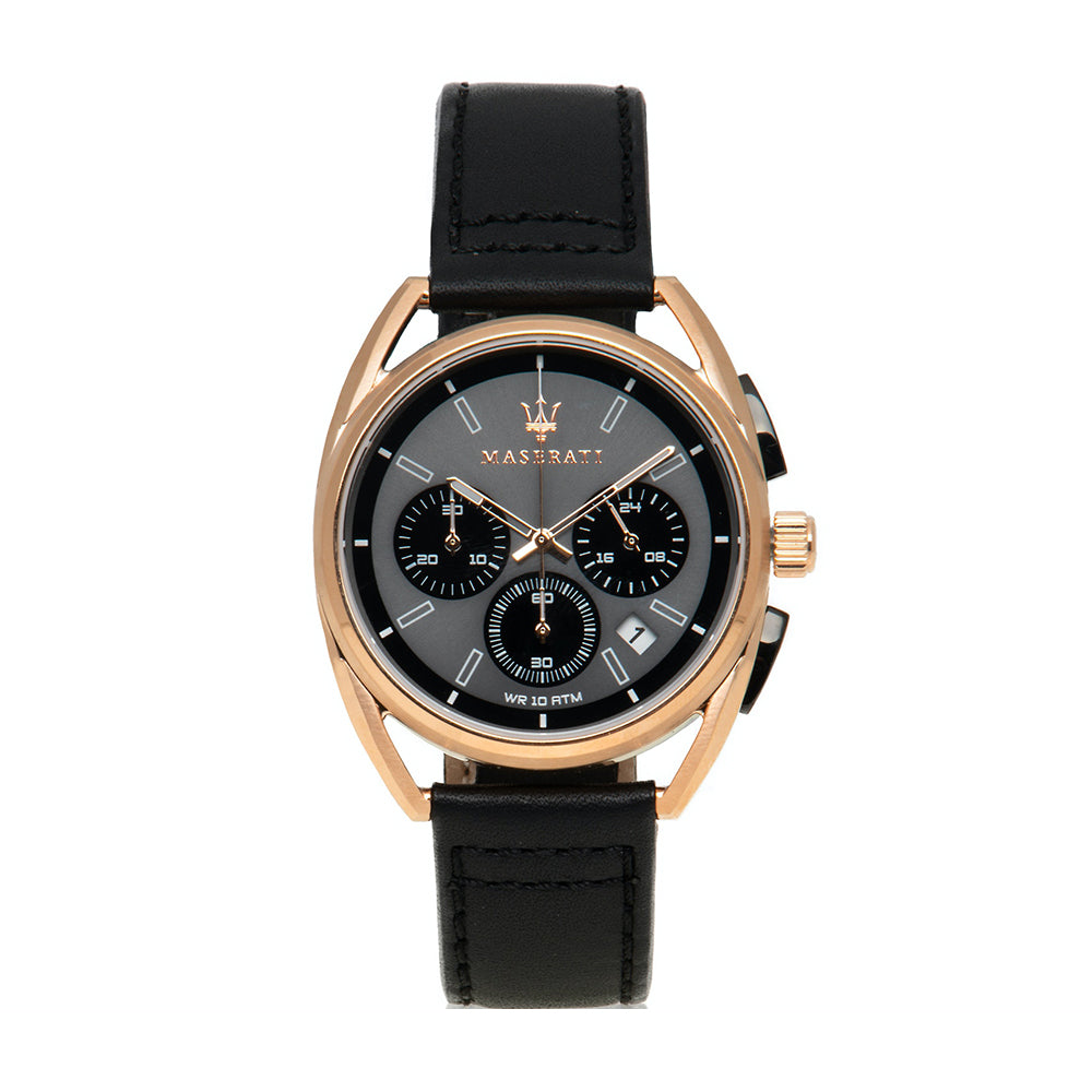 Maserati Trimarano chronograph watch angled view showing dial detail and rose gold case