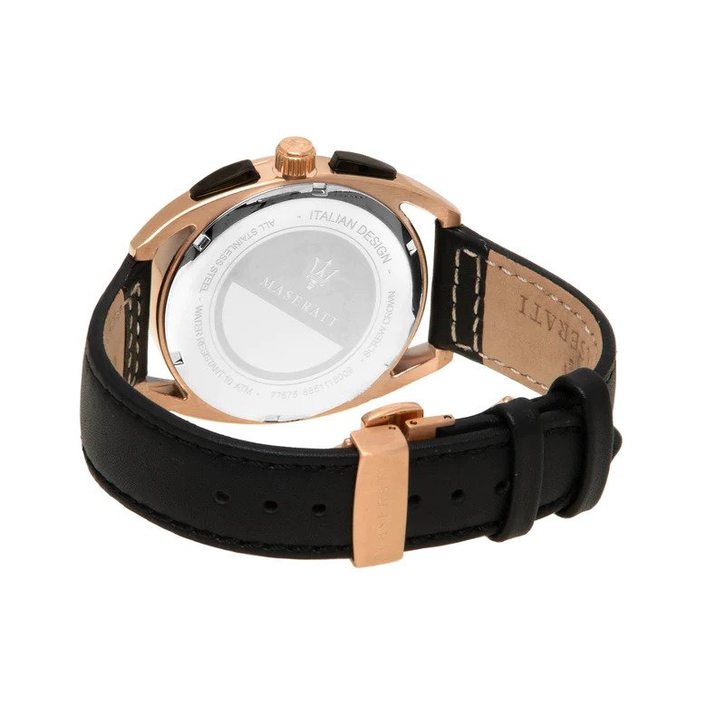 Maserati Trimarano chronograph watch showing caseback with rose gold case and black leather strap