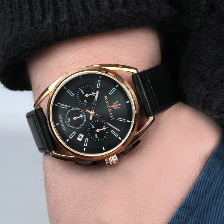 Maserati Trimarano chronograph watch worn on wrist showing black dial and rose gold case