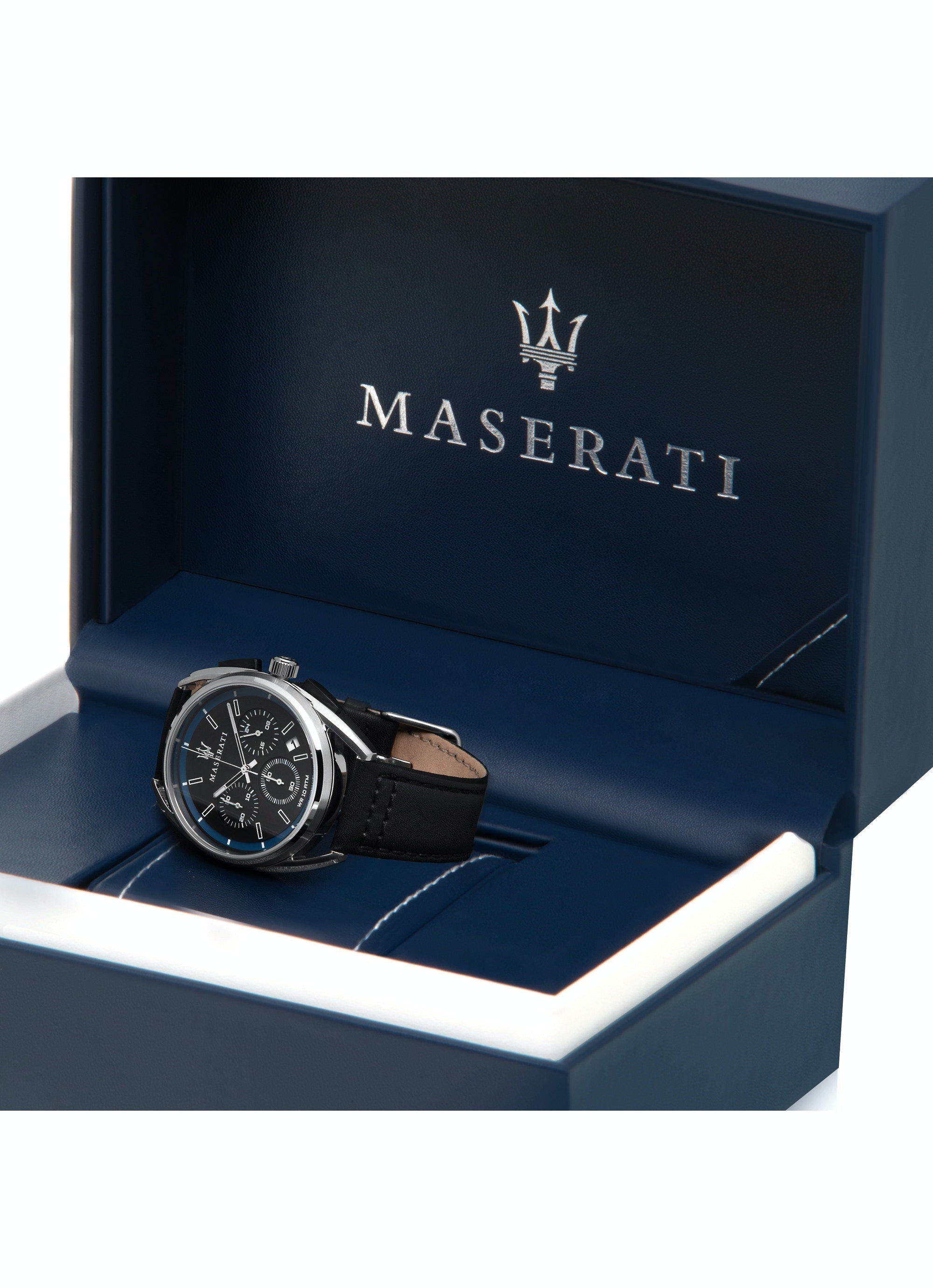 Maserati Trimarano chronograph watch in navy blue presentation box with Maserati logo