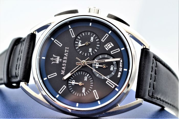 Maserati Trimarano chronograph dial detail with subdials, hour markers, and blue bezel ring